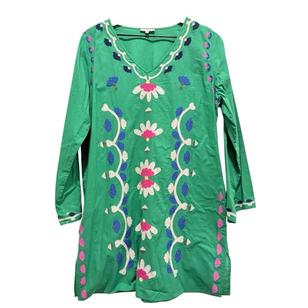 Frances Valentine Green Embroidered Cotton Tunic Dress Floral Boho India M